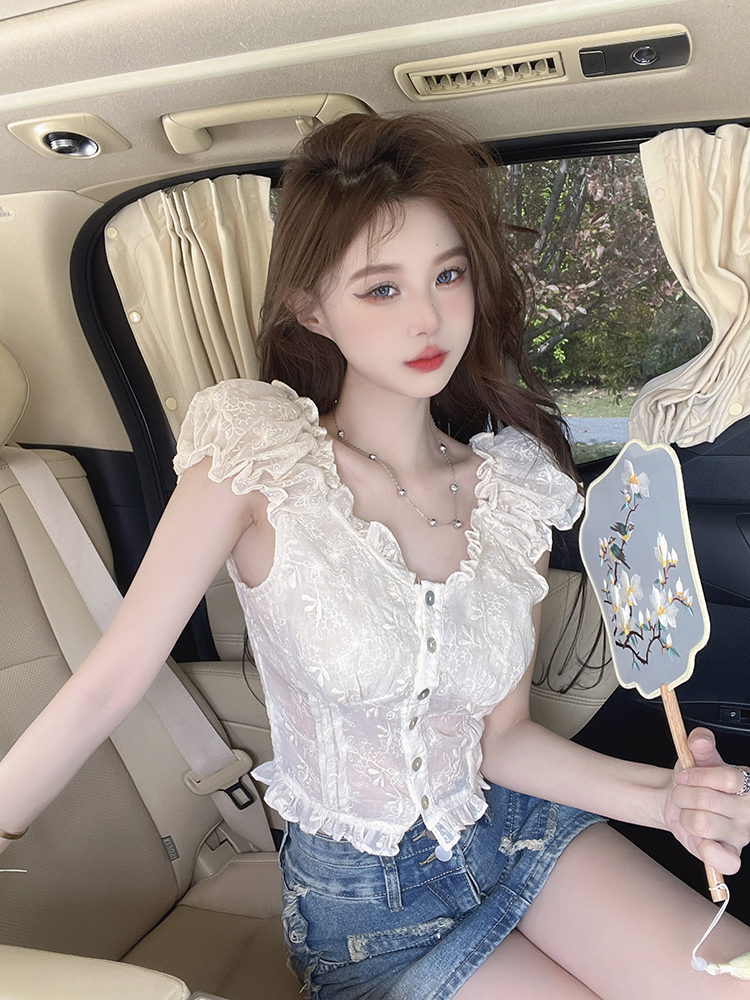 實拍 復古鈎花宮廷領排扣泡泡袖短袖襯衫女修身顯瘦短款上衣