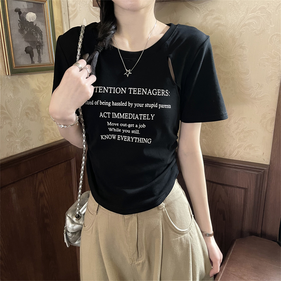 實拍夏新款修身顯瘦遮肚鏤空小眾正肩設計感短袖T恤上衣