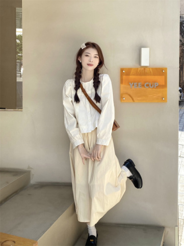Real shot 2024 spring French retro pure cotton A-line long-sleeved shirt and skirt two-piece set