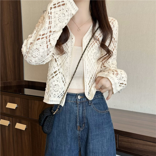 Actual shot~New crochet versatile knitted cardigan short top jacket