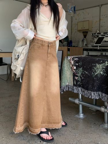 Real shot ~ Retro raw edge distressed denim skirt washed high-waisted casual A-line long skirt