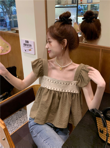 Actual shot ~ New style design stitching small flying sleeve baby doll shirt tops for women