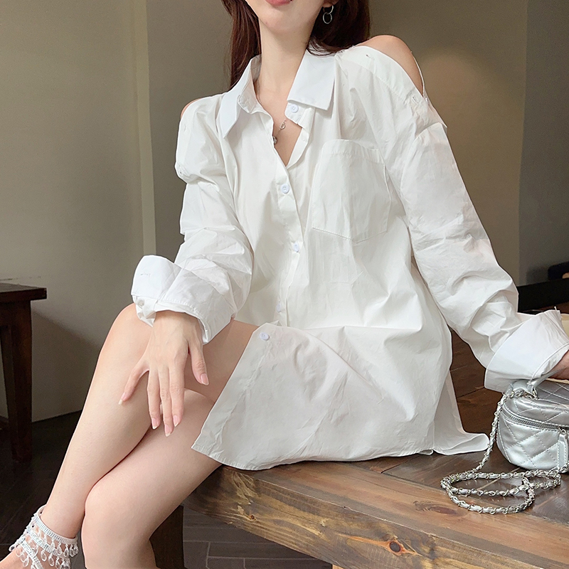 實拍！設計感襯衣女寬鬆顯瘦中長款露肩男友白色襯衫女2406