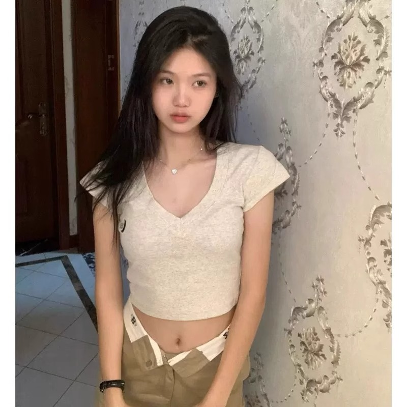 2024夏裝新款 92棉/8氨綸40支210g純棉 復古辣妹V領短袖T恤女