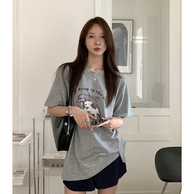 短袖T恤女海豚小狗印花寬鬆新款夏季上衣大碼女裝潮ins風