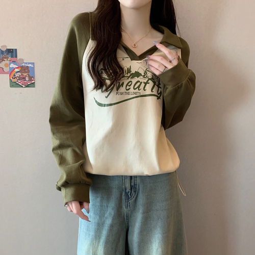 Actual shot of spring Korean style loose 230g POLO collar cartoon print mid-length large size thin sweatshirt for women