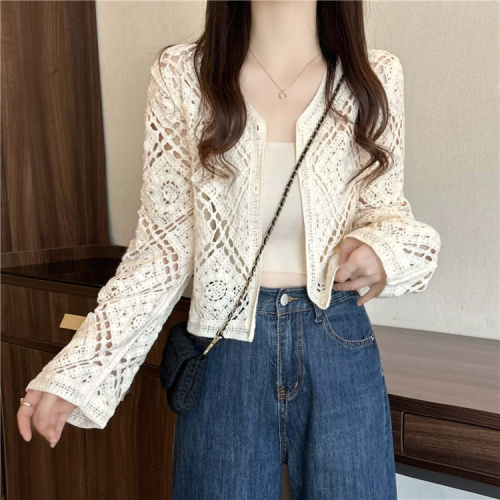 Actual shot~New crochet versatile knitted cardigan short top jacket