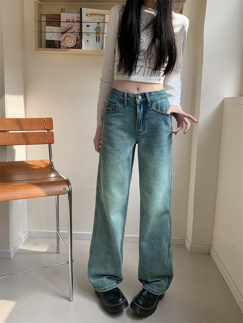 實拍 新款高腰寬鬆顯瘦直筒長牛仔褲女
