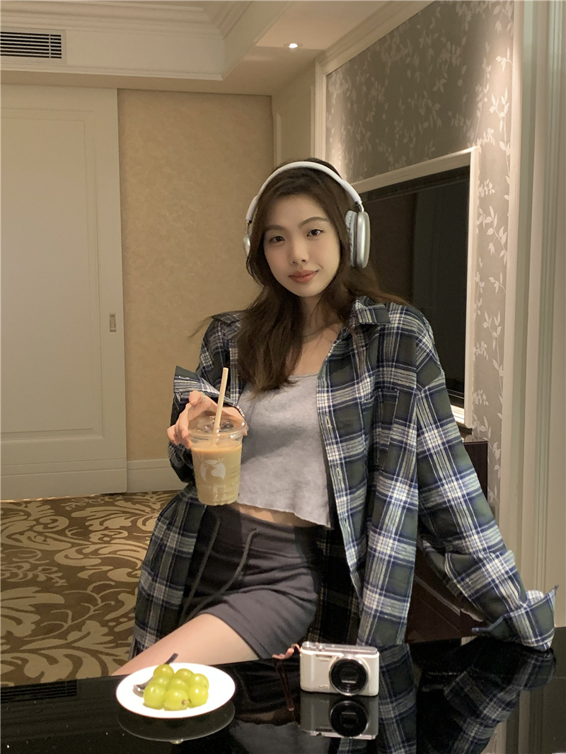 實拍  早春韓版復古綠格子寬鬆長袖襯衫
