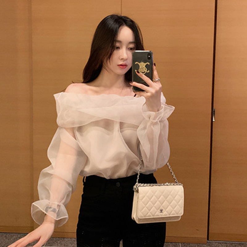 Design niche one-shoulder shirt for women spring and summer 2024 French style organza chiffon chic top