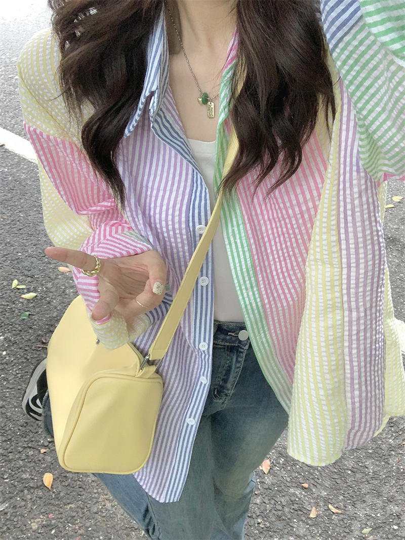 實拍#糖果色拼接條紋長袖襯衫女春夏新款中長款防曬外套上衣