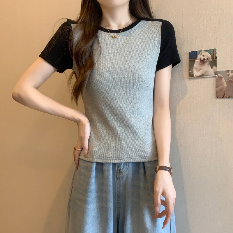 實拍 40支純棉 2024夏裝撞色短袖T恤女彈力設計感拼接短款上衣