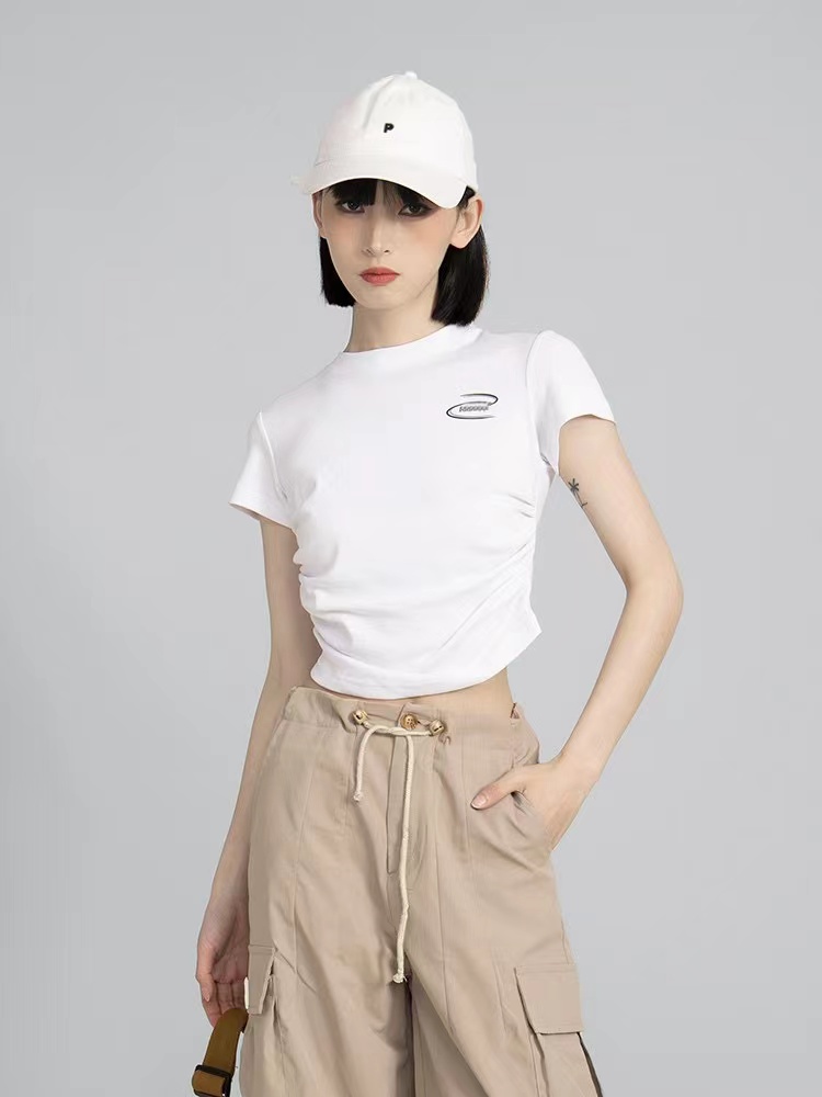 正肩白色短袖t恤女短款夏季獨特别致修身露臍純欲辣妹漂亮上衣潮
