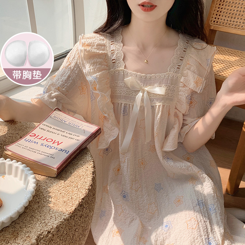 尚優衣品睡衣女夏季泡泡縐蕾絲花邊甜美休閒甜系ins風睡裙