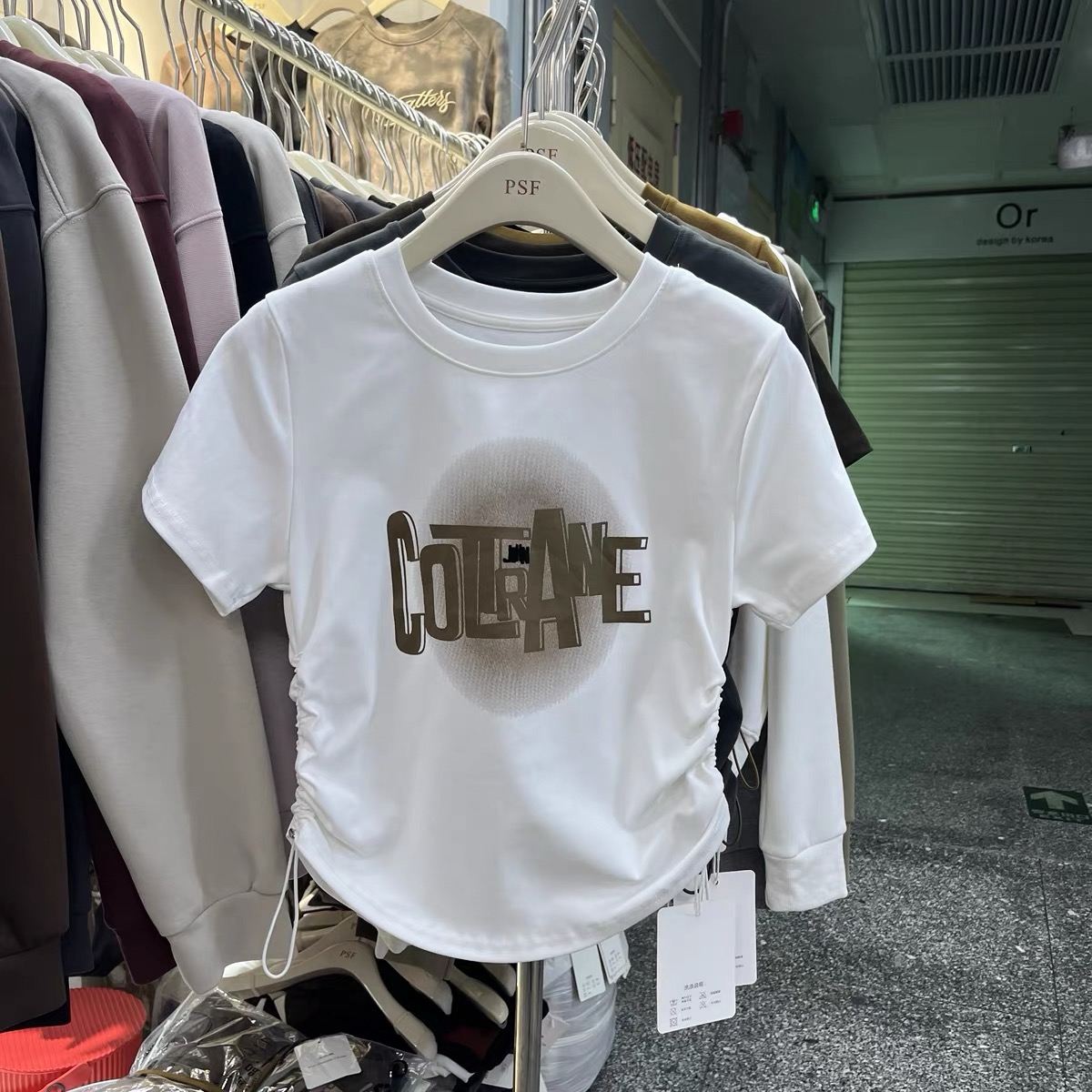 韓系百搭簡約字母印花圓領T恤女2024春季新款抽繩褶皺短袖上衣潮