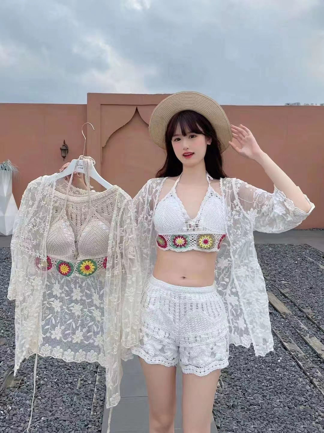 Real shot of 2024 summer lace hollow mid-sleeve sun protection cardigan + sexy chest wrap + shorts casual swimsuit three-piece set