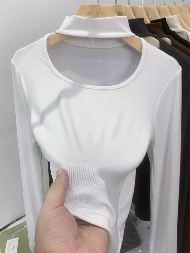 Designed halter neck hollow round neck long-sleeved T-shirt women's spring 2024 new slim-fitting bottoming shirt clavicle top