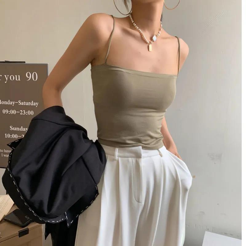 純色吊帶背心女2024夏季新款帶胸墊外穿上衣無鋼圈細帶打底抹胸