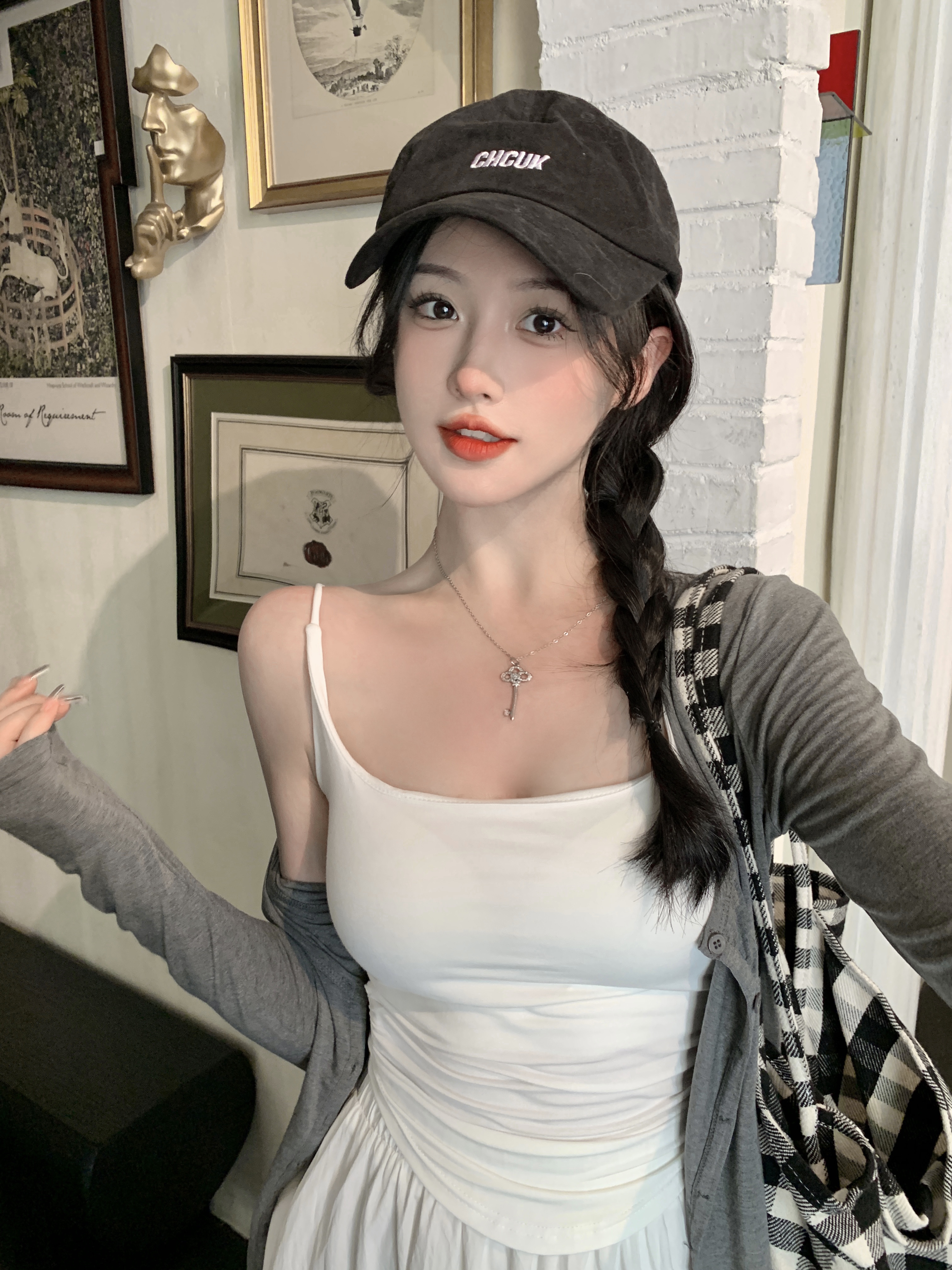 Actual shot~Spring Korean hot girl camisole top + gray versatile cardigan high-waisted skirt suit