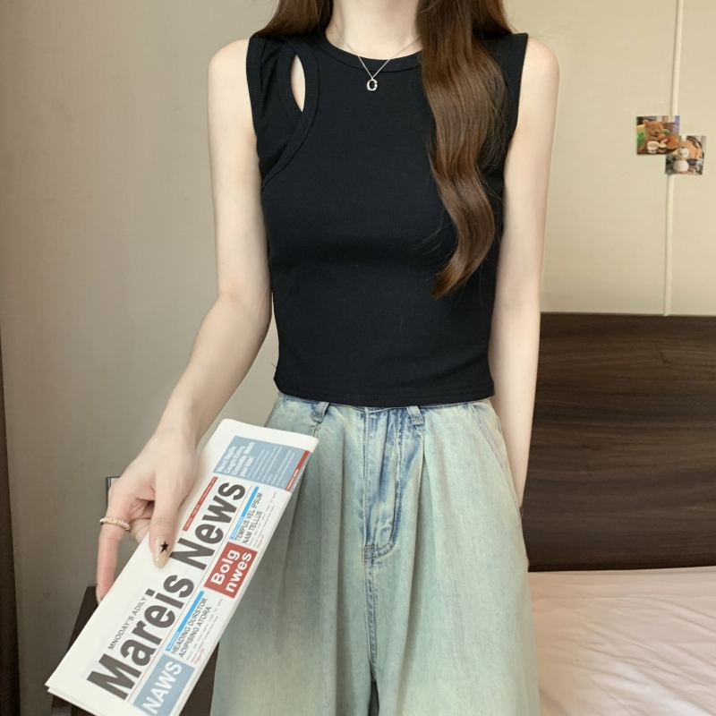 Real shot 40 count pure cotton 2024 summer black vest women's hollow elastic sleeveless short top bottoming shirt