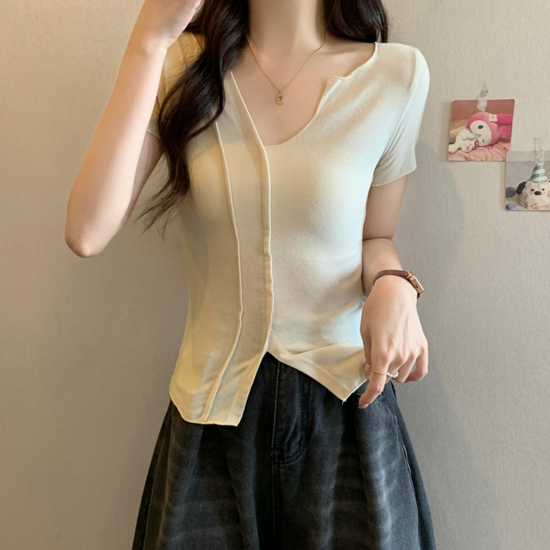 210#實拍  40支純棉 2024夏裝設計感小眾短袖T恤女彈力上衣