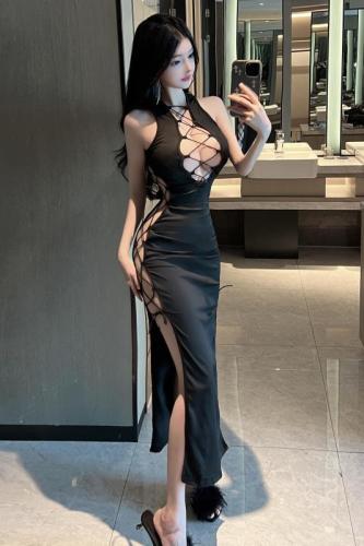 Real shot·Hot girl European and American hollow lace-up breastless long black dress sexy long skirt dress for women