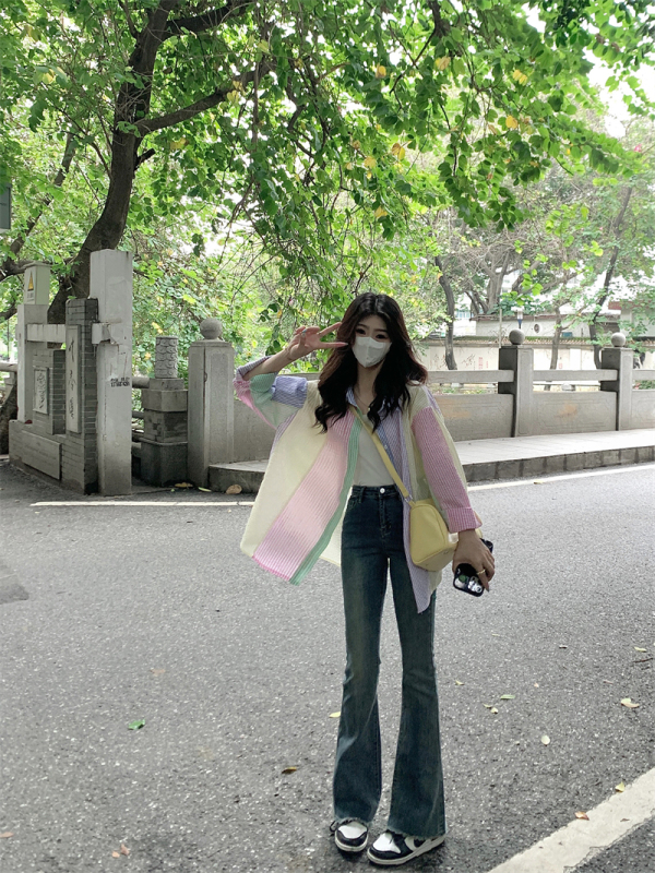 實拍#糖果色拼接條紋長袖襯衫女春夏新款中長款防曬外套上衣