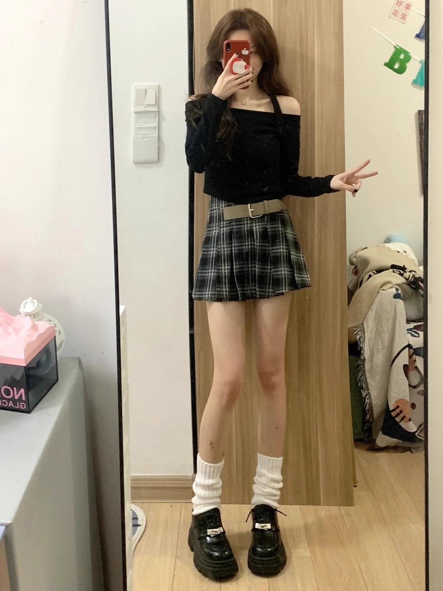 韓系格子百褶短裙女夏季高腰顯瘦a字半身裙設計感小眾包臀半身裙