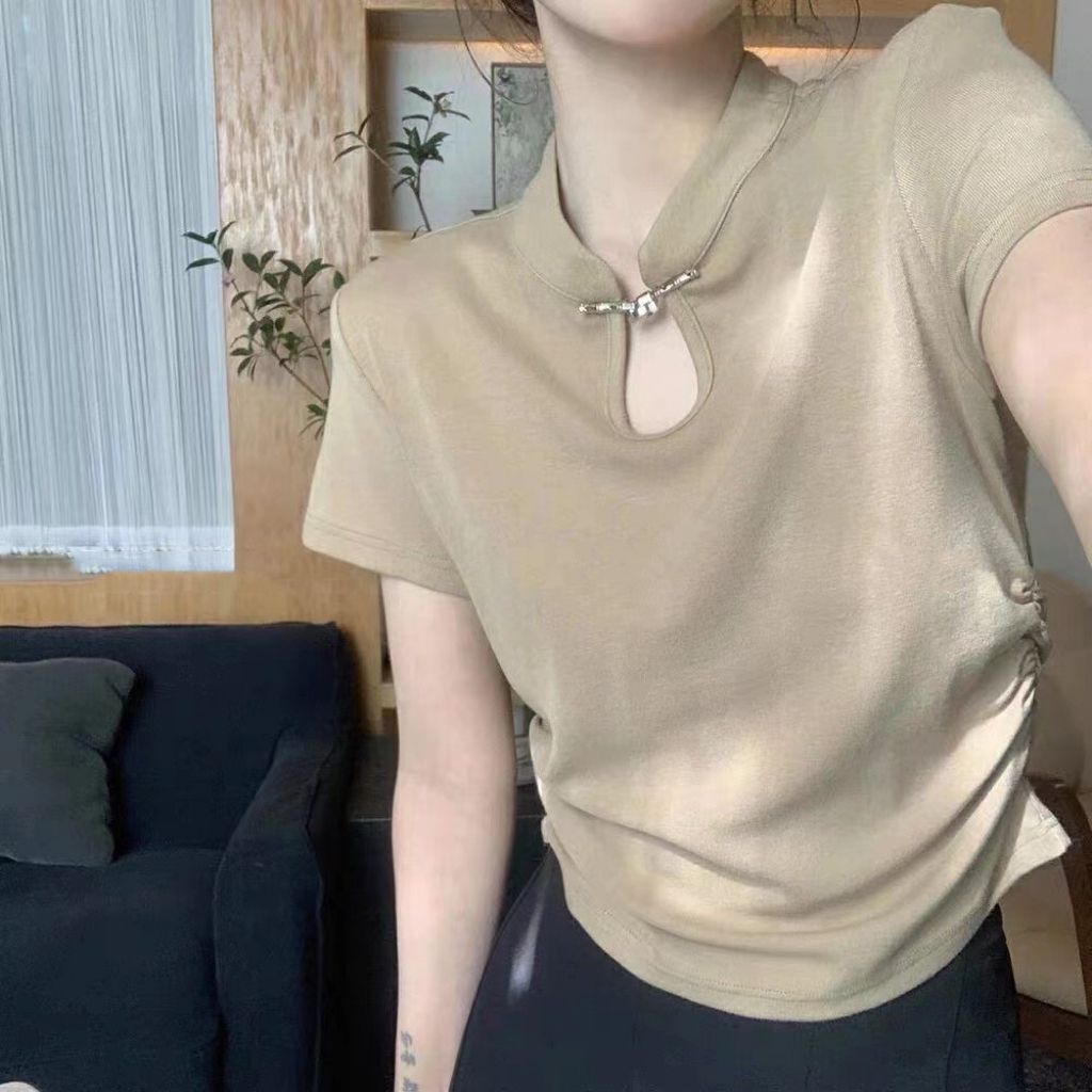 新中式盤扣立領短袖t恤女夏季設計感小眾修身顯瘦辣妹純欲風上衣