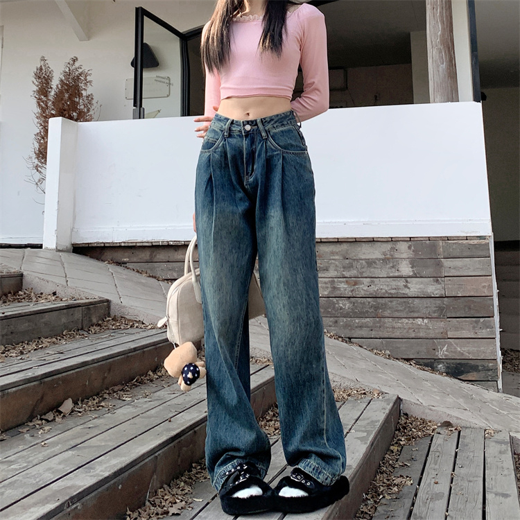 實拍 深藍色牛仔褲感直筒褲女 寬鬆褶皺設計拖地褲長褲