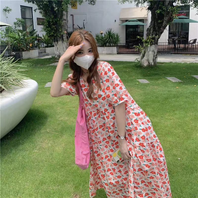 Japanese sweet floral short-sleeved dress for female students 2024 summer new style gentle style long skirt loose skirt