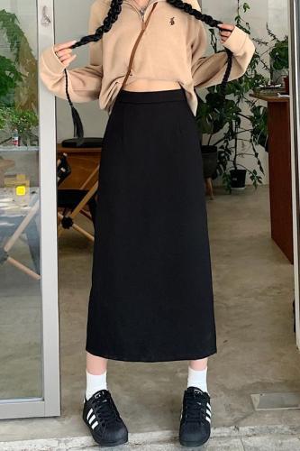 Actual shot of 2024 spring new high-waisted mid-length suit with hip-covering retro slit slimming skirt for women