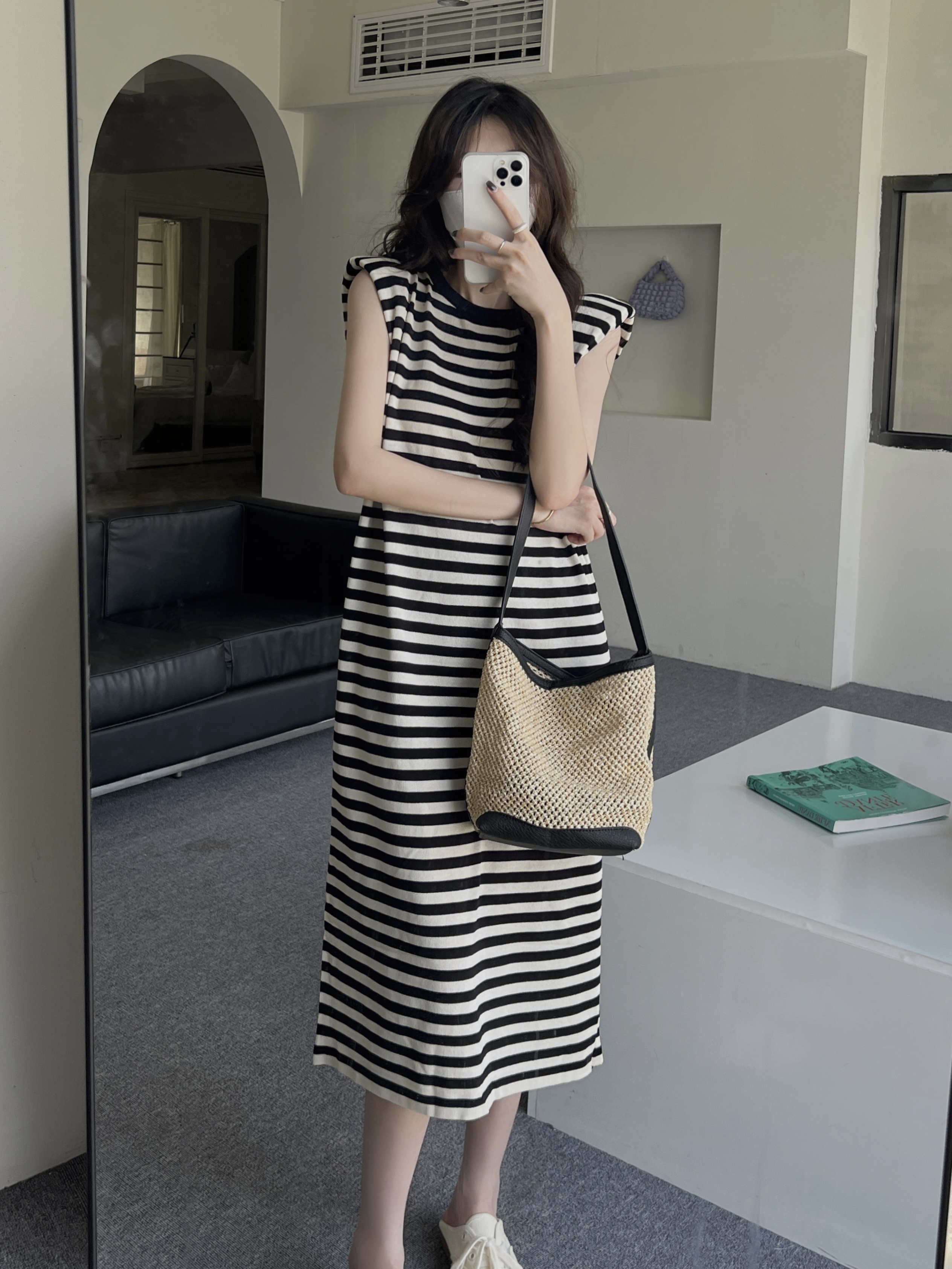 實拍 無袖條紋墊肩連衣裙女長款懶人t恤裙背心裙子休閒長裙