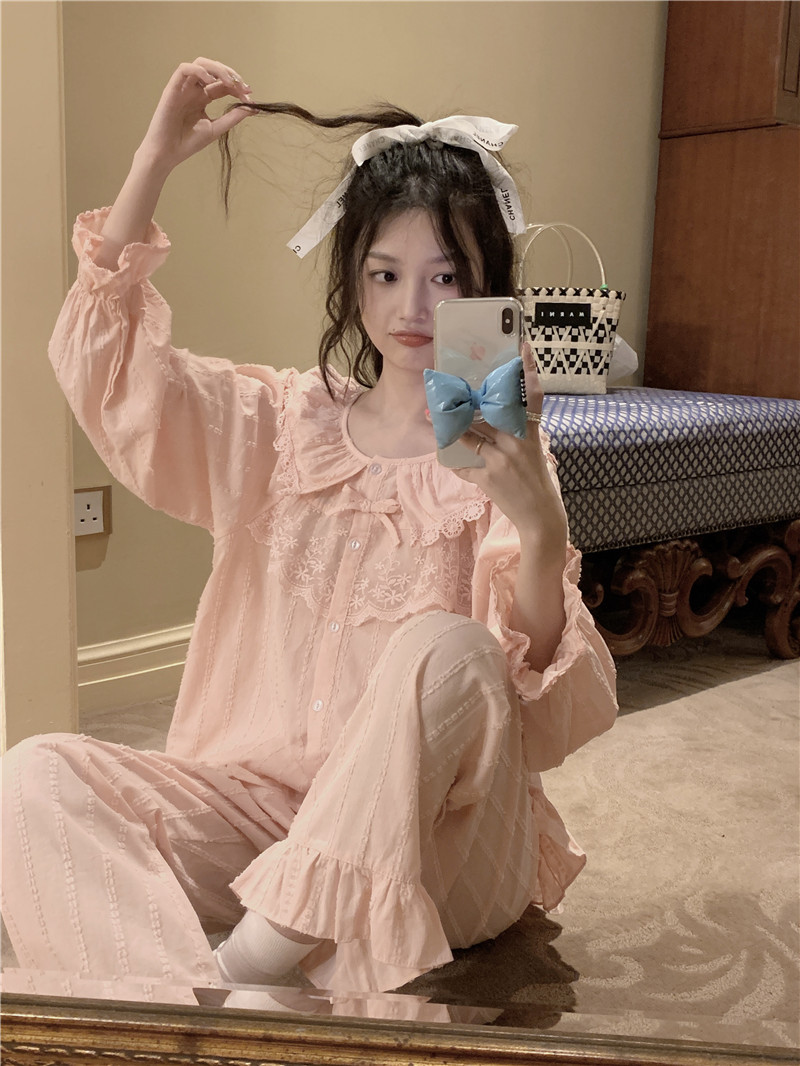 Real shot of Korean style sweet palace style cotton jacquard princess outer wear spring long-sleeved home clothes suit