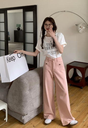 Actual shot of spring washed cotton pink denim casual trousers