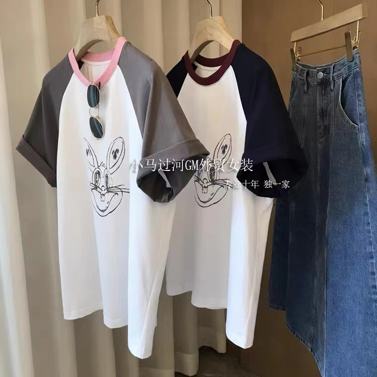 High quality cotton ~ highly recommended by the shopkeeper!  2024 Spring and Summer New Contrast Color Round Neck Raglan Sleeve Rabbit Print T-Shirt