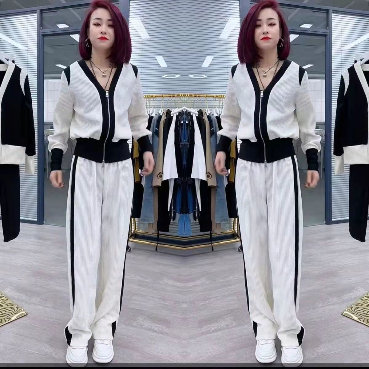 2024 new autumn clothing women's fashionable casual two-piece suit feminine age-reducing top wide-leg pants two-piece suit