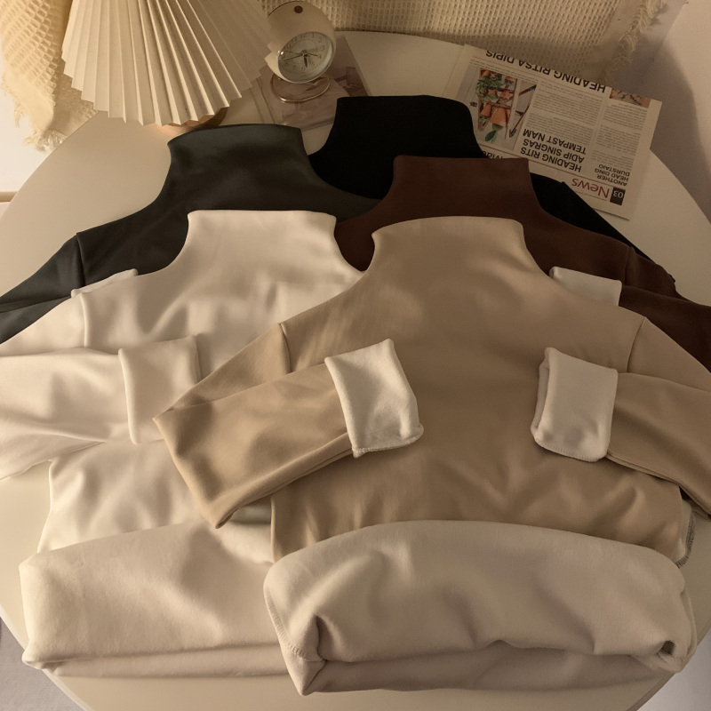 Actual shot of early spring thickened velvet and versatile half-high collar T-shirt for women, simple outer wear and solid color bottoming top