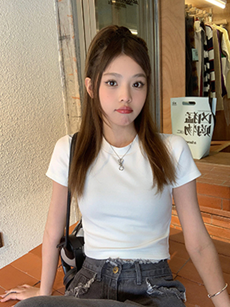 紅色t恤女短袖短款緊身辣妹上衣夏季新款純棉修身正肩體恤