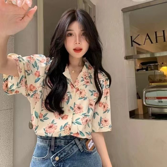 2024夏季新款花襯衫女裝短袖襯衣韓系復古港味chic設計感小眾上衣