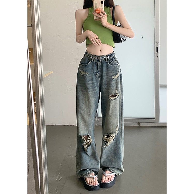 美式復古破洞闊腿牛仔褲女夏季新款大碼胖mm高腰設計感直筒拖地褲
