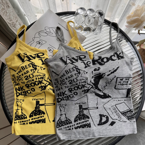 Real shot of American sexy hottie punk printed camisole with sleeveless outer short top for women