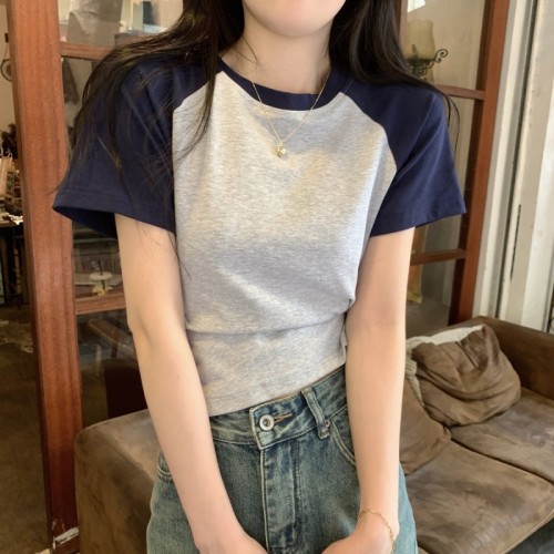 Actual shot of spring and summer Korean style versatile contrasting color slimming raglan pure cotton short-sleeved T-shirt for women