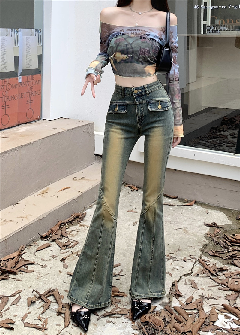 Real shot~Internet celebrity's same retro hottie high-waisted denim bell-bottoms for women in early autumn casual trousers