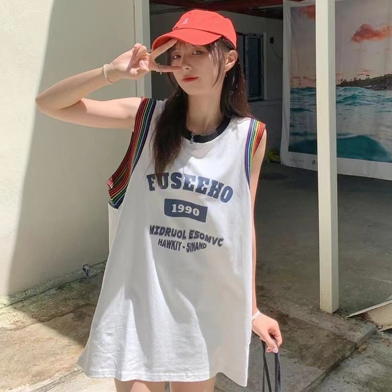 無袖t恤女夏季外穿街頭美式籃球服運動背心寬鬆中長款上衣