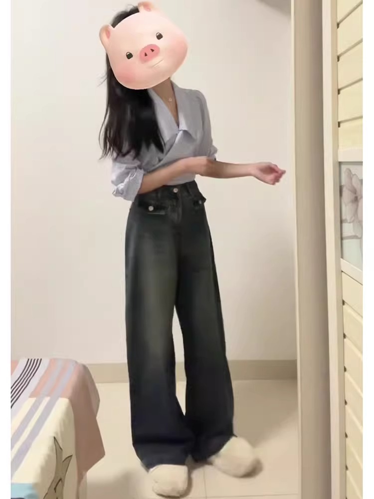 美式高腰設計感牛仔褲女春2024新款寬鬆百搭梨形身材休閒拖地褲子