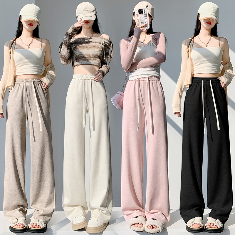 Real shot of glutinous rice wide-leg pants for women, spring 2024 new style, straight, loose and drapey, casual floor mopping pants for small people