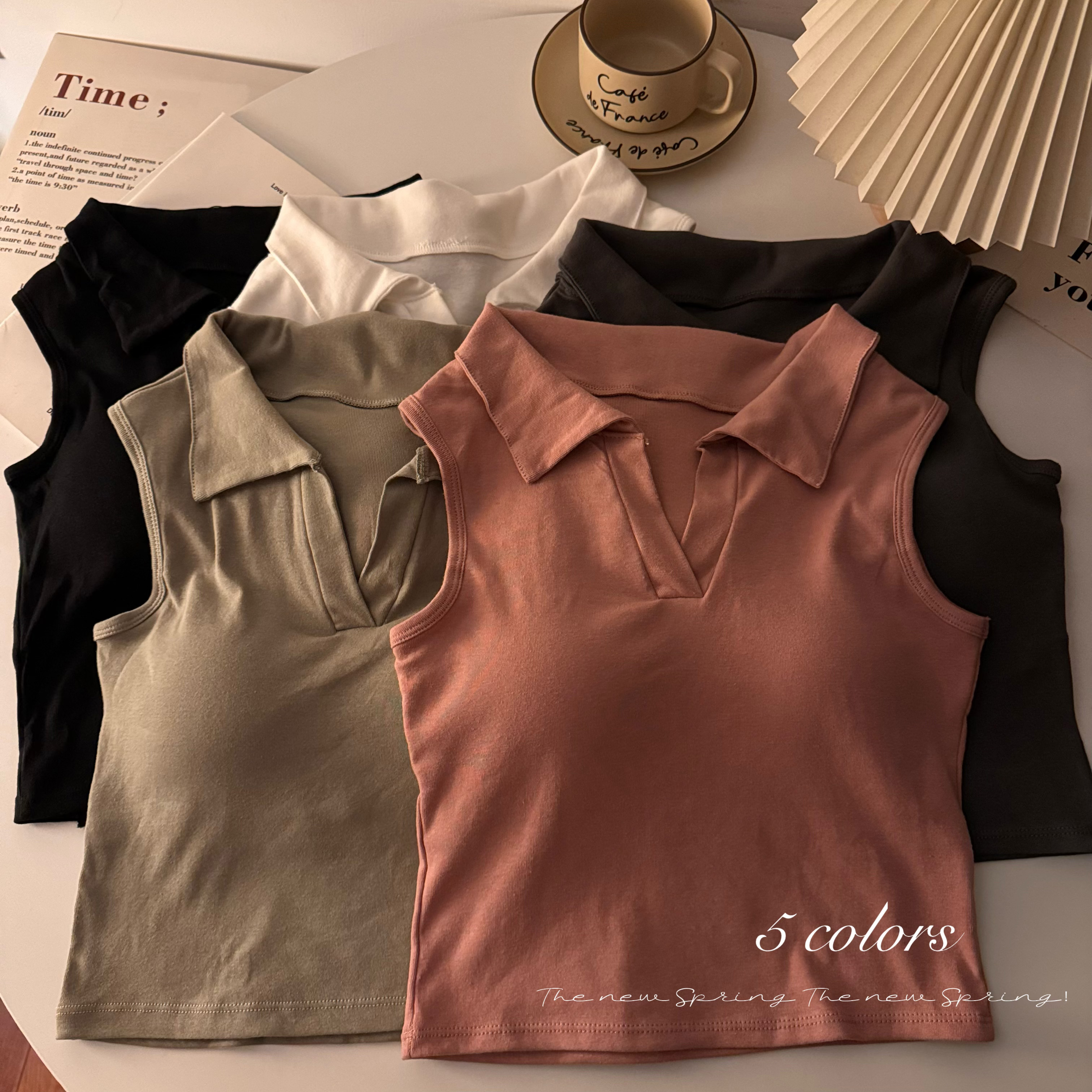 Actual shot of 2024 spring new pure desire Korean style polo collar basic vest versatile sleeveless top