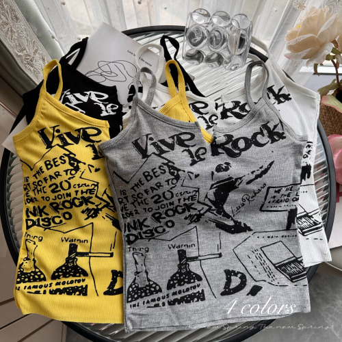 Real shot of American sexy hottie punk printed camisole with sleeveless outer short top for women