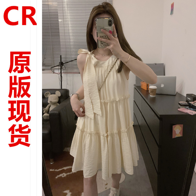 Viiwen少女的心事 氣質乖乖法式無袖挖肩掛脖連衣裙A字白色公主裙